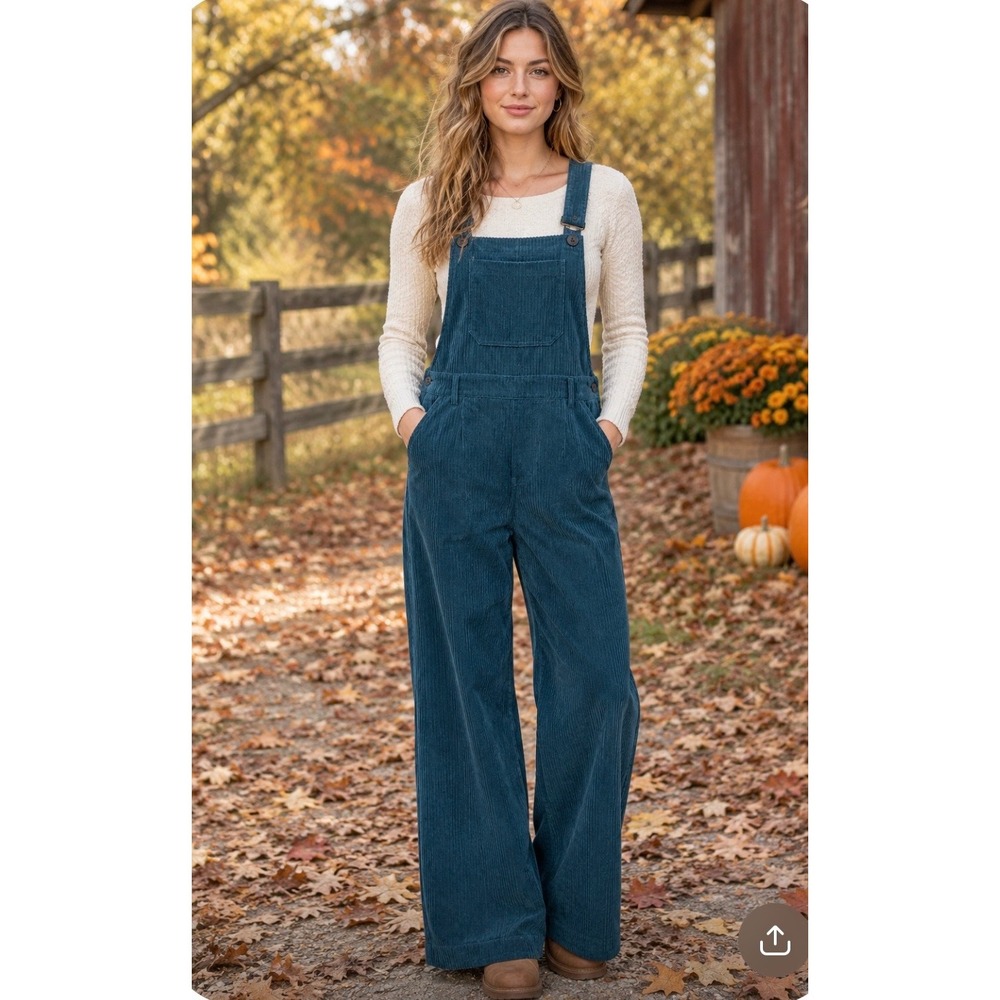 Cider Teal Blue Corduroy Wide Leg Overalls High Waisted Bib Jumpsuit Medium